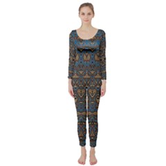 Boho Blue Gold Pattern Long Sleeve Catsuit by SpinnyChairDesigns