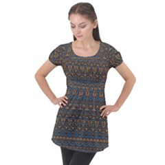 Boho Blue Gold Pattern Puff Sleeve Tunic Top by SpinnyChairDesigns