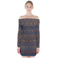 Boho Blue Gold Pattern Long Sleeve Off Shoulder Dress by SpinnyChairDesigns