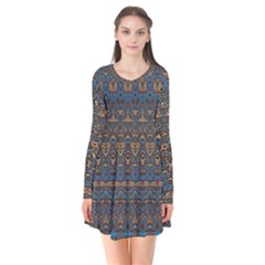 Boho Blue Gold Pattern Long Sleeve V-neck Flare Dress by SpinnyChairDesigns