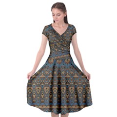 Boho Blue Gold Pattern Cap Sleeve Wrap Front Dress by SpinnyChairDesigns