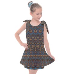 Boho Blue Gold Pattern Kids  Tie Up Tunic Dress by SpinnyChairDesigns