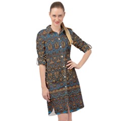 Boho Blue Gold Pattern Long Sleeve Mini Shirt Dress by SpinnyChairDesigns