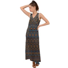 Boho Blue Gold Pattern V-neck Chiffon Maxi Dress by SpinnyChairDesigns