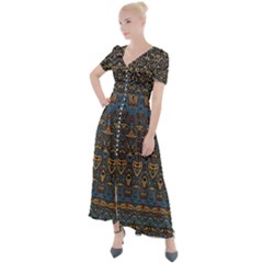 Boho Blue Gold Pattern Button Up Short Sleeve Maxi Dress by SpinnyChairDesigns