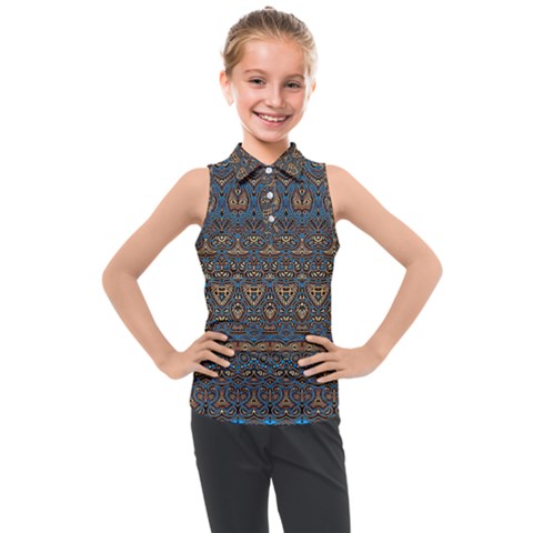 Boho Blue Gold Pattern Kids  Sleeveless Polo Tee by SpinnyChairDesigns