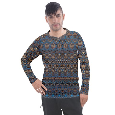 Boho Blue Gold Pattern Men s Pique Long Sleeve Tee by SpinnyChairDesigns