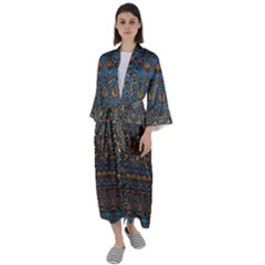 Boho Blue Gold Pattern Maxi Satin Kimono by SpinnyChairDesigns