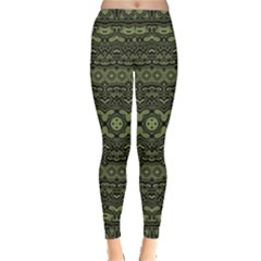 Boho Sage Green Black Leggings  by SpinnyChairDesigns