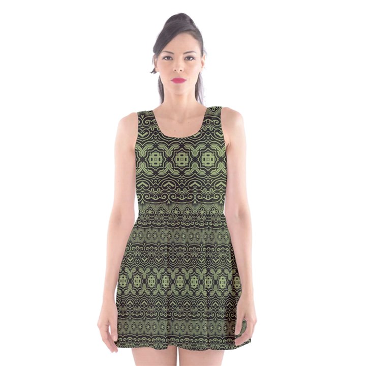 Boho Sage Green Black Scoop Neck Skater Dress