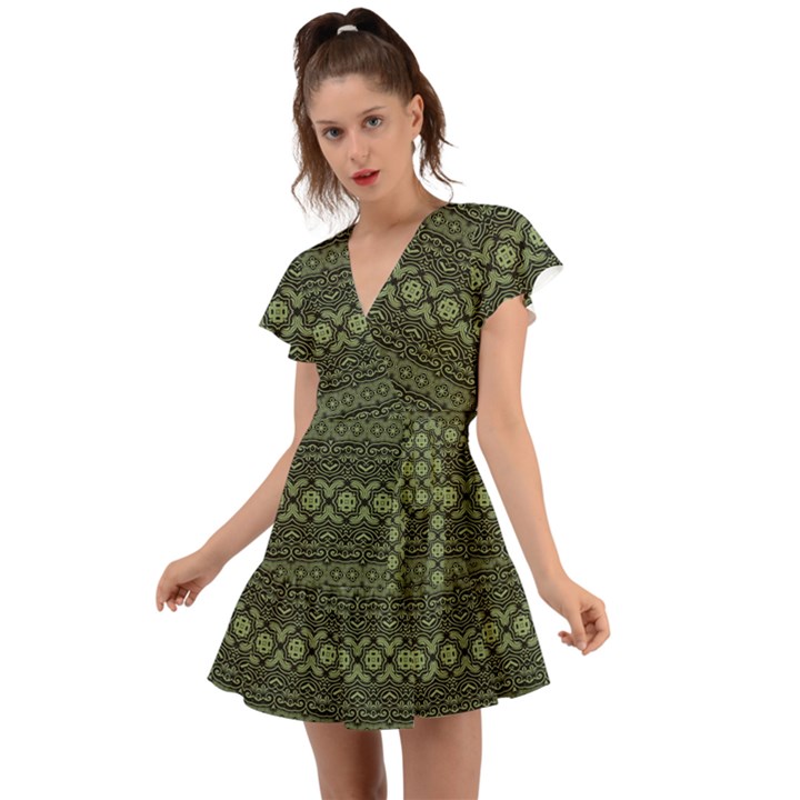 Boho Sage Green Black Flutter Sleeve Wrap Dress