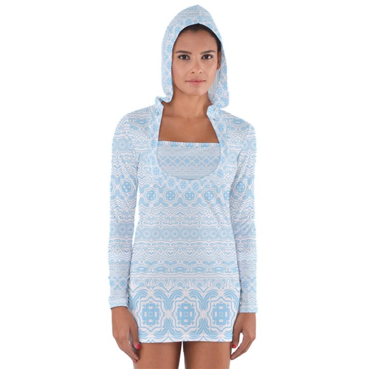 Boho Baby Blue Pattern Long Sleeve Hooded T-shirt