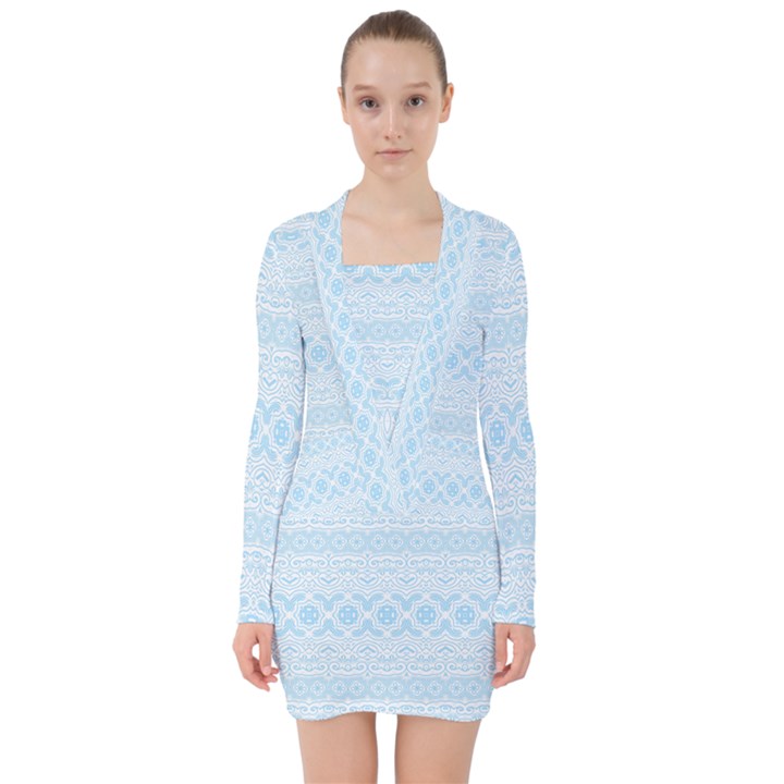 Boho Baby Blue Pattern V-neck Bodycon Long Sleeve Dress