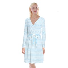 Boho Baby Blue Pattern Long Sleeve Velvet Front Wrap Dress by SpinnyChairDesigns