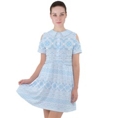 Boho Baby Blue Pattern Short Sleeve Shoulder Cut Out Dress  by SpinnyChairDesigns