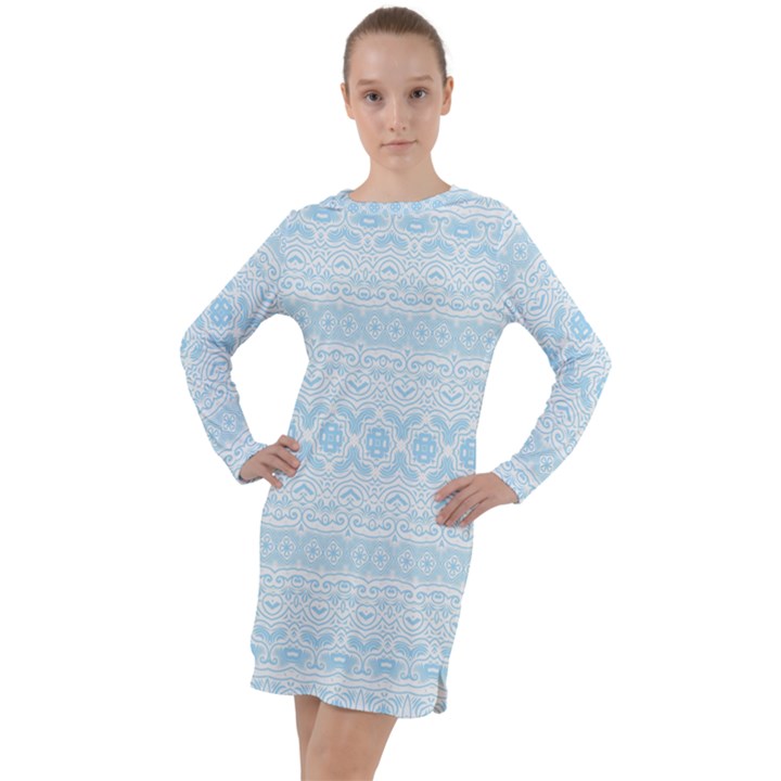 Boho Baby Blue Pattern Long Sleeve Hoodie Dress