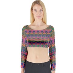 Boho Colorful Pattern Long Sleeve Crop Top by SpinnyChairDesigns