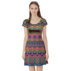 Boho Colorful Pattern Short Sleeve Skater Dress by SpinnyChairDesigns