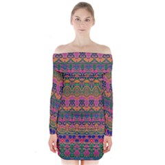 Boho Colorful Pattern Long Sleeve Off Shoulder Dress by SpinnyChairDesigns