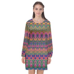 Boho Colorful Pattern Long Sleeve Chiffon Shift Dress  by SpinnyChairDesigns