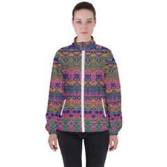 Boho Colorful Pattern Women s High Neck Windbreaker by SpinnyChairDesigns