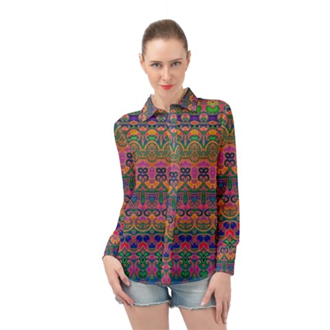 Boho Colorful Pattern Long Sleeve Chiffon Shirt by SpinnyChairDesigns