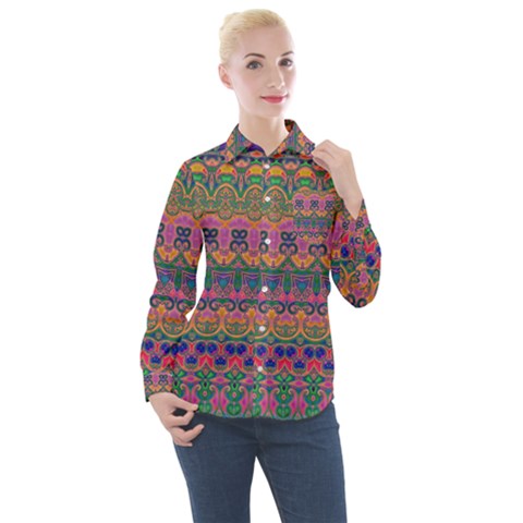 Boho Colorful Pattern Women s Long Sleeve Pocket Shirt by SpinnyChairDesigns