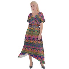 Boho Colorful Pattern Cross Front Sharkbite Hem Maxi Dress by SpinnyChairDesigns