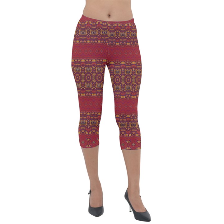 Boho Red Gold Lightweight Velour Capri Leggings 