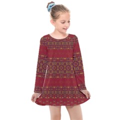 Boho Red Gold Kids  Long Sleeve Dress by SpinnyChairDesigns