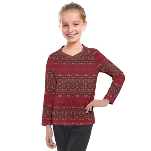 Boho Red Gold Kids  Long Mesh Tee by SpinnyChairDesigns