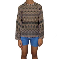 Boho Green Brown Pattern Kids  Long Sleeve Swimwear by SpinnyChairDesigns