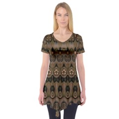 Boho Green Brown Pattern Short Sleeve Tunic  by SpinnyChairDesigns