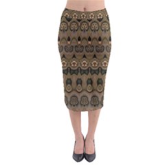 Boho Green Brown Pattern Midi Pencil Skirt by SpinnyChairDesigns