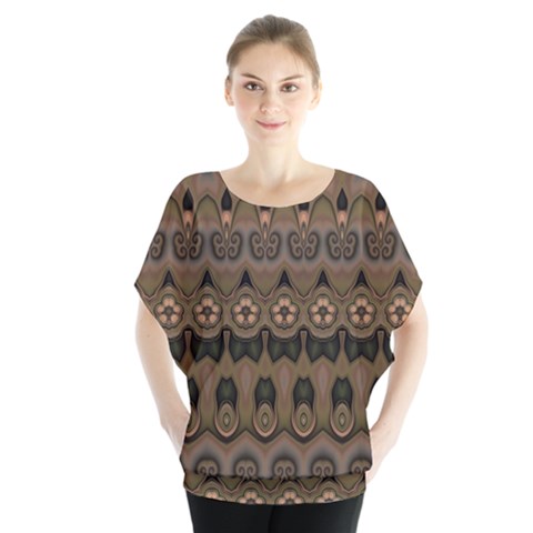 Boho Green Brown Pattern Batwing Chiffon Blouse by SpinnyChairDesigns