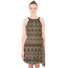 Boho Green Brown Pattern Halter Collar Waist Tie Chiffon Dress by SpinnyChairDesigns