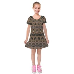 Boho Green Brown Pattern Kids  Short Sleeve Velvet Dress by SpinnyChairDesigns