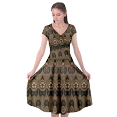 Boho Green Brown Pattern Cap Sleeve Wrap Front Dress by SpinnyChairDesigns