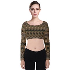 Boho Green Brown Pattern Velvet Long Sleeve Crop Top by SpinnyChairDesigns