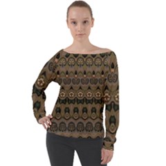 Boho Green Brown Pattern Off Shoulder Long Sleeve Velour Top by SpinnyChairDesigns