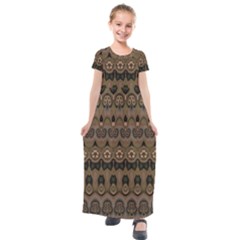 Boho Green Brown Pattern Kids  Short Sleeve Maxi Dress by SpinnyChairDesigns