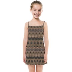 Boho Green Brown Pattern Kids  Summer Sun Dress by SpinnyChairDesigns