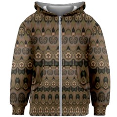 Boho Green Brown Pattern Kids  Zipper Hoodie Without Drawstring by SpinnyChairDesigns