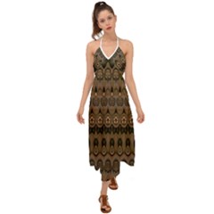 Boho Green Brown Pattern Halter Tie Back Dress  by SpinnyChairDesigns