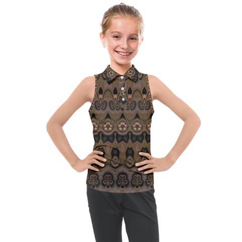 Boho Green Brown Pattern Kids  Sleeveless Polo Tee by SpinnyChairDesigns