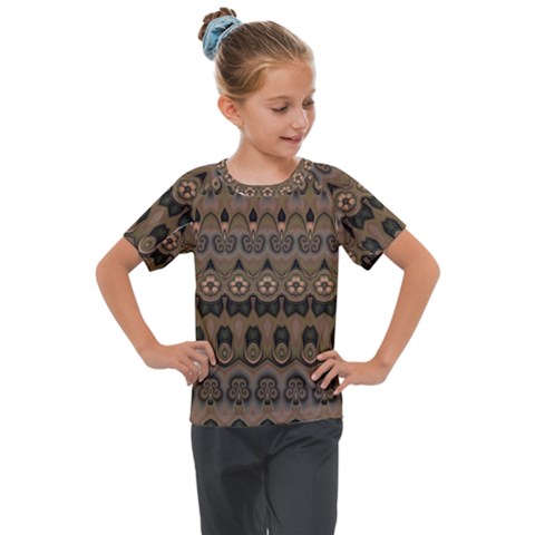 Boho Green Brown Pattern Kids  Mesh Piece Tee by SpinnyChairDesigns