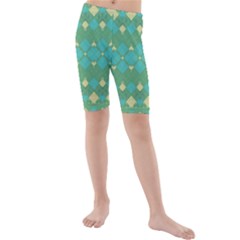 Boho Green Blue Checkered Kids  Mid Length Swim Shorts by SpinnyChairDesigns