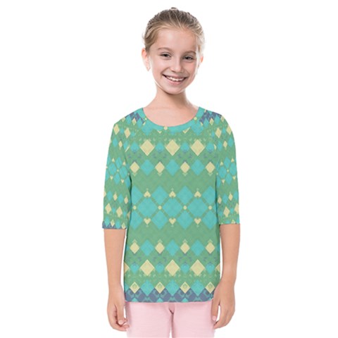 Boho Green Blue Checkered Kids  Quarter Sleeve Raglan Tee by SpinnyChairDesigns