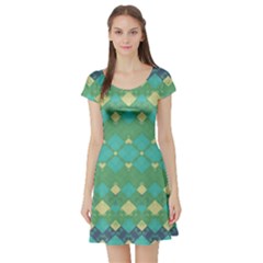 Boho Green Blue Checkered Short Sleeve Skater Dress by SpinnyChairDesigns