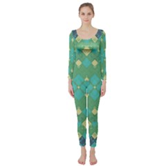 Boho Green Blue Checkered Long Sleeve Catsuit by SpinnyChairDesigns